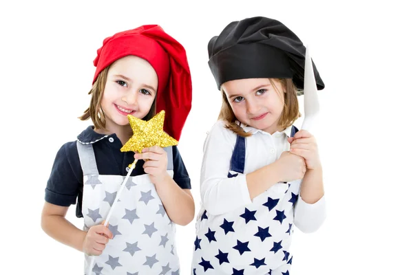 Twins cook chef with cook equipment magical wand — Stock Photo, Image