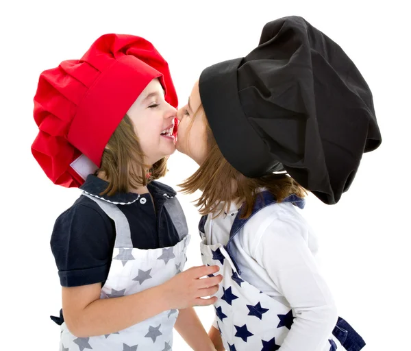 Twins cook chef smile and kiss — Stock Photo, Image