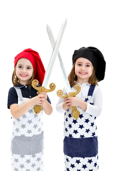 Twins cook chef with cook equipment sword — Stock Photo, Image