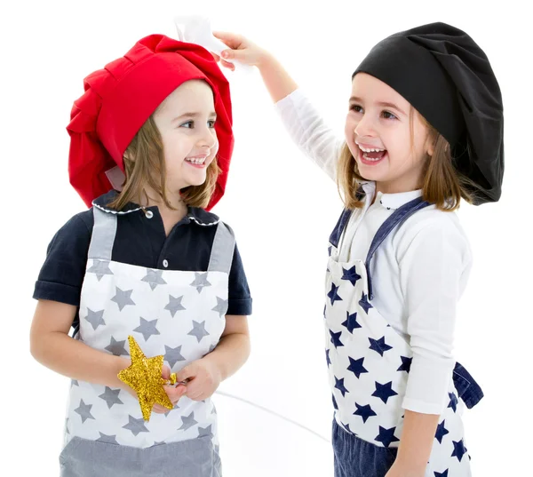 Twins cook chef with cook equipment magical wand — Stock Photo, Image