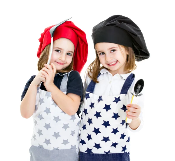 Twins cook chef with cook equipment and chef hat — Stock Photo, Image