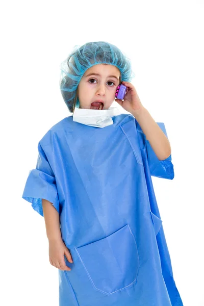 Child doctor made a mobile phone calling — Stock Photo, Image