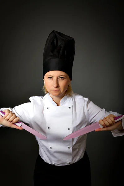 Cook chef woman with kitchen knife — Stock Photo, Image