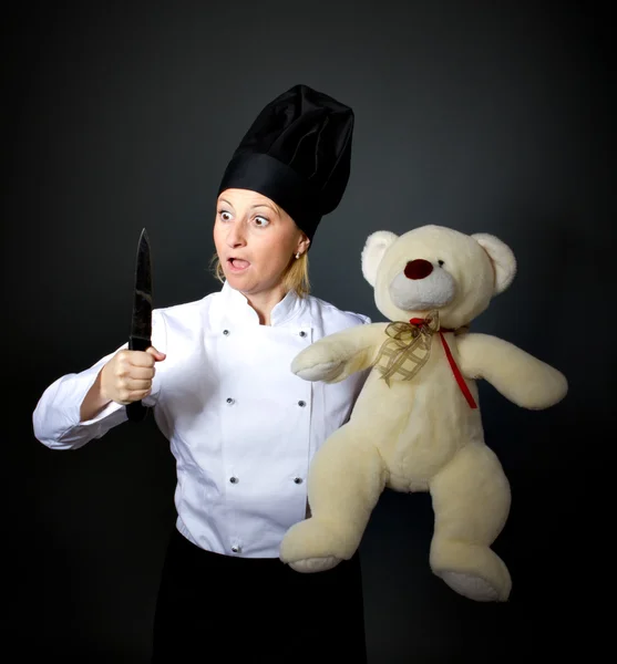 Mulher cozinheiro chef com equipamentos alimentares — Fotografia de Stock