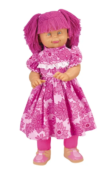Bonita boneca de cabelo rosa isolado no fundo branco — Fotografia de Stock