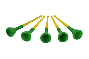 Five (5) Vuvuzelas traditional plastic trumpets clipart