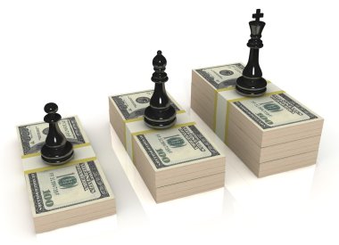 Chess figures (black king, queen and pawn) standing on US dollars, isolated on white clipart