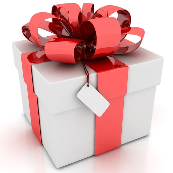 Beyaz arka plan üzerinde izole kırmızı kurdele fiyonklu hediye kutusu — Stok fotoğraf