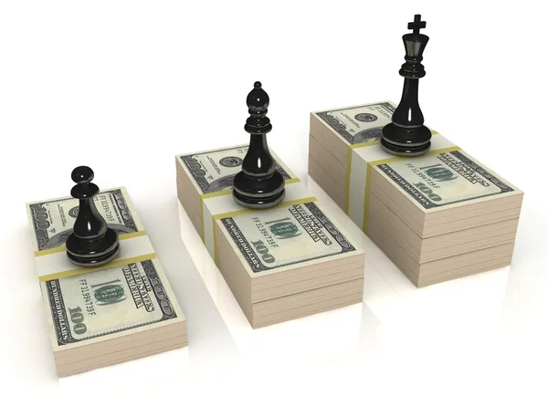 Figuras de ajedrez (rey negro, reina y peón) de pie sobre dólares estadounidenses, aisladas sobre blanco — Foto de Stock