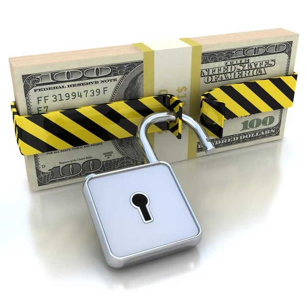 3D pengar och lås. data säkerhetskoncept. — Stockfoto