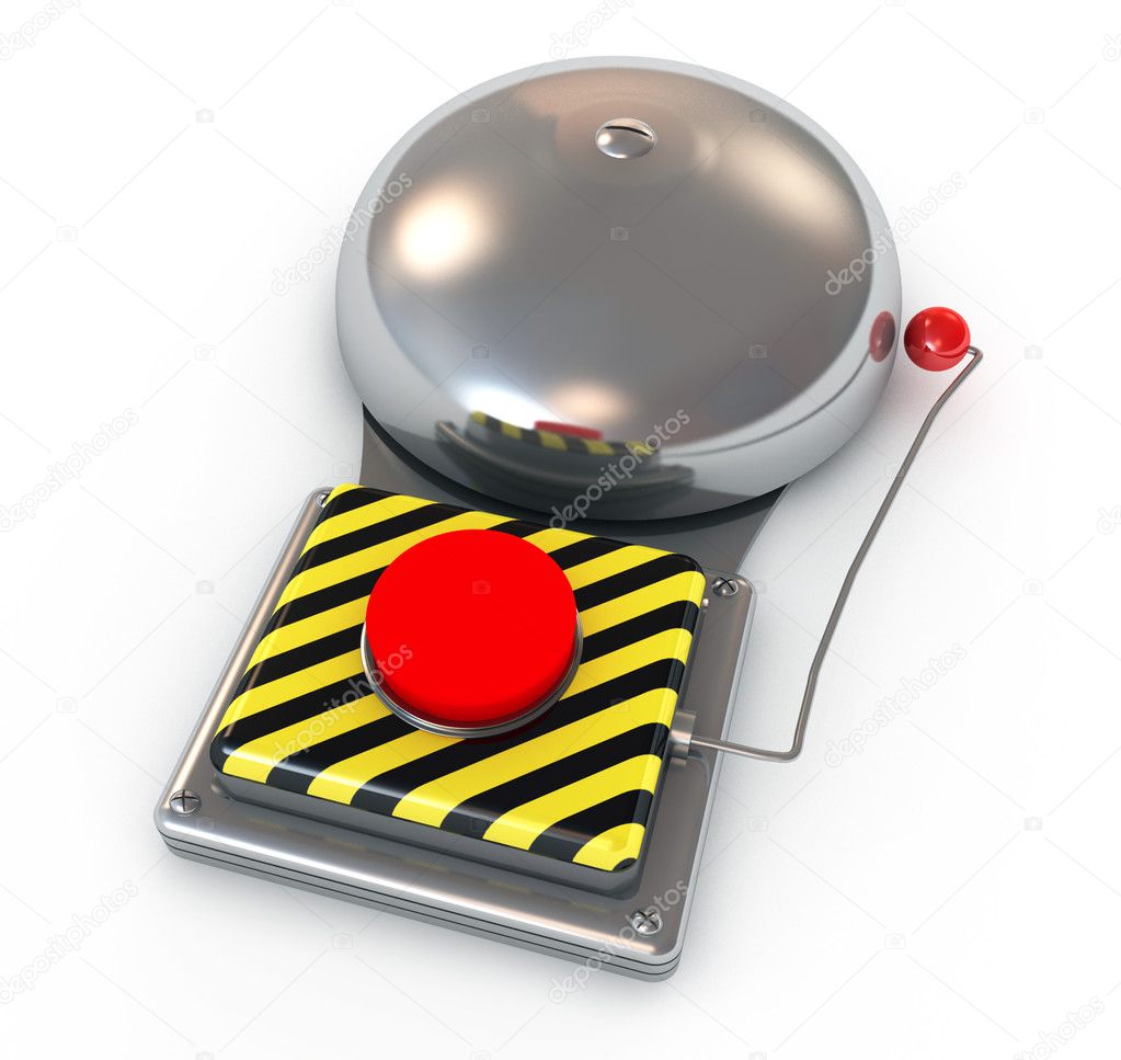 3d illustration of Metallic secure bell with a red button