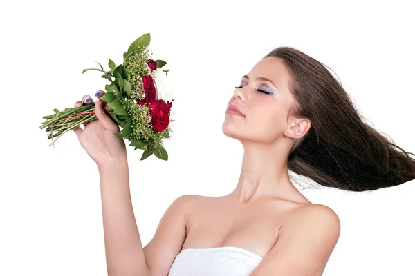 Atraktivní dívka s květinou — Stock fotografie
