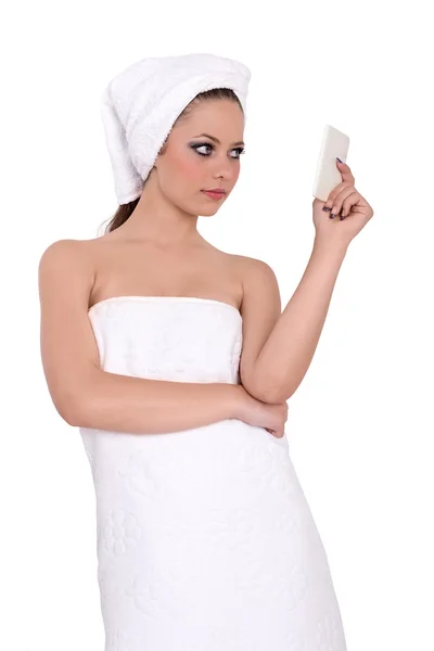 Mooi meisje gewikkeld in een handdoek Rechtenvrije Stockfoto's