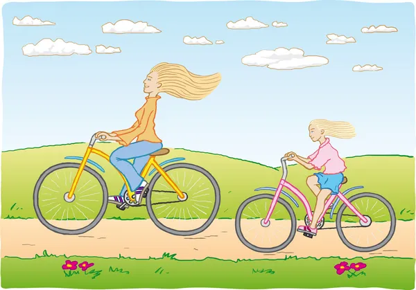 Anne ve kızı Bisiklete binme — Stok Vektör