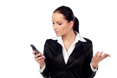 Angry women look at cellphone. Isolated clipart