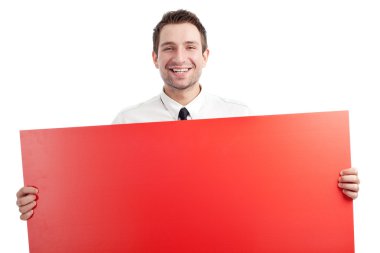 Young Businessman with red blank sign smiling clipart