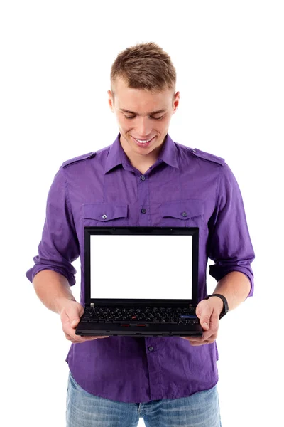 Młody człowiek z otwartym laptopem. na białym tle — Zdjęcie stockowe