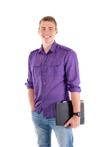 Ung student med laptop leende — Stockfoto