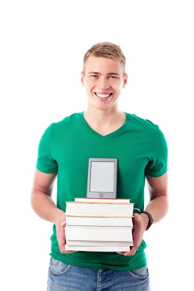 Student with laptop looking up isolated — Stock Photo, Image
