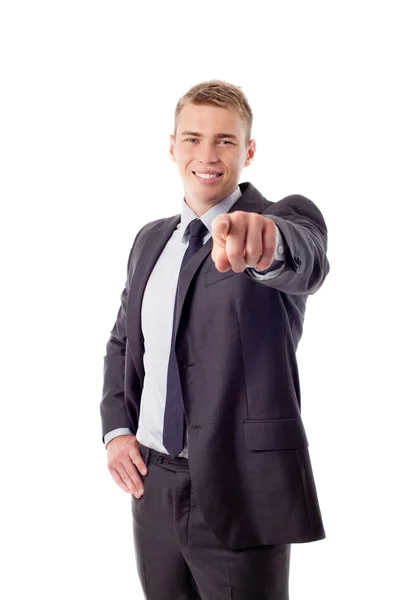Jovem empresário apontando com o dedo — Fotografia de Stock