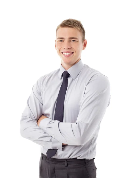 Geschäftsmann auf weißem Lächeln isoliert — Stockfoto