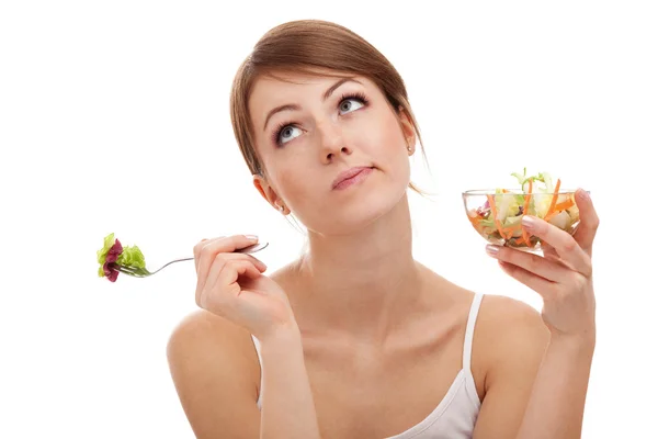 Sad woman on diet with vegetables — Stock Photo, Image