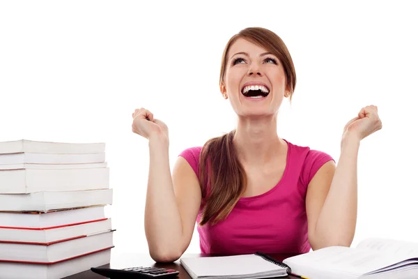 Successful female student with raised arms — Stock Photo, Image