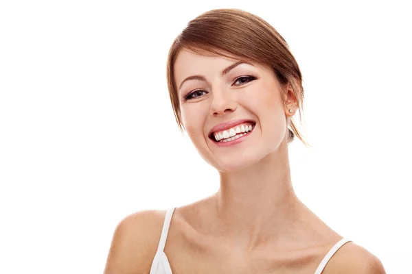 Schöne Frau isoliert auf weißem Lächeln — Stockfoto