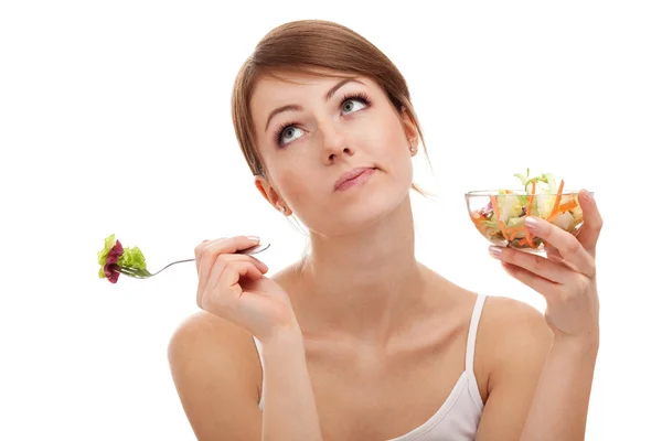 Sad woman on diet with vegetables — Stock Photo, Image