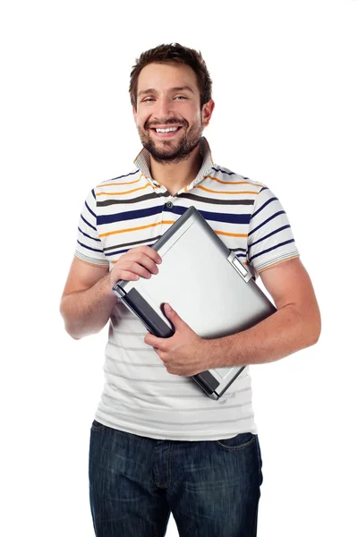 Ung student med laptop leende — Stockfoto