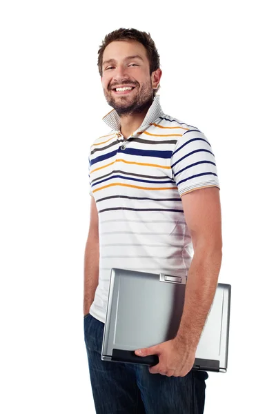 Mannelijke student met laptop lachende — Stockfoto