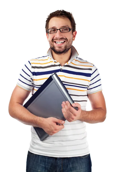 年轻的学生带着笑容的笔记本电脑 — 图库照片