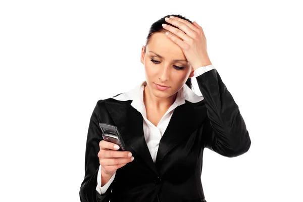 Депресивна бізнес-леді з мобільним телефоном. Ізольовані — стокове фото