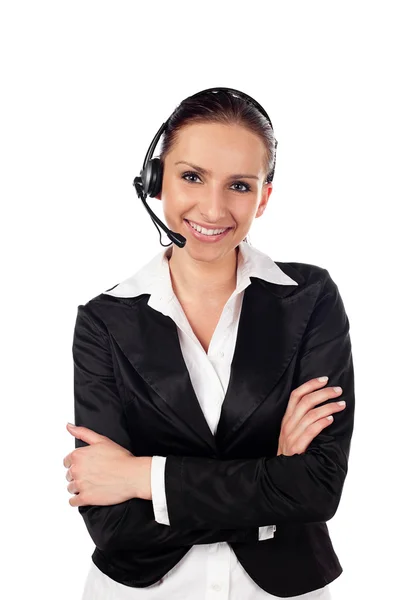 Woman talking by phone as customer service — Stock Photo, Image