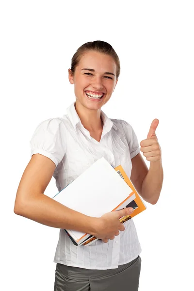 Female student smiling with books isolated — Stock Photo, Image