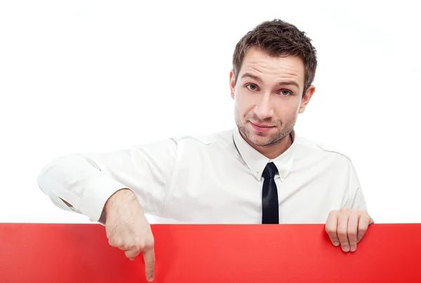 Empresário feliz com cartaz vermelho em branco — Fotografia de Stock