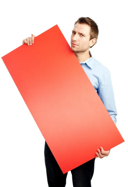 Student holding red board — Stock Photo, Image
