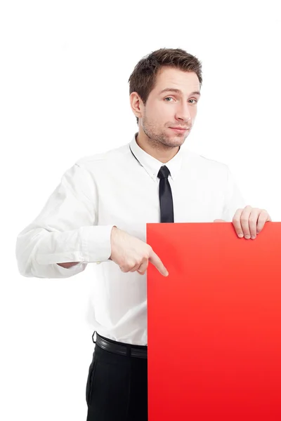 Ung affärsman med röd blank skylt — Stockfoto