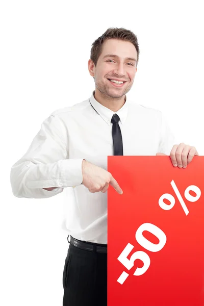 stock image Young Businessman with red blank sign smiling