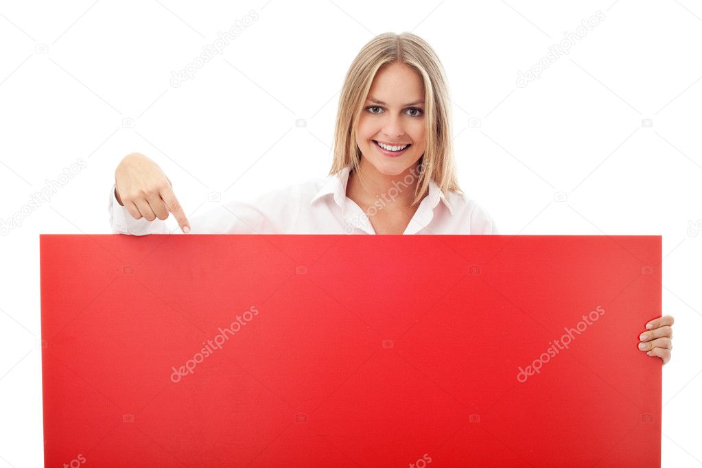 Young woman holding billboard isolated.