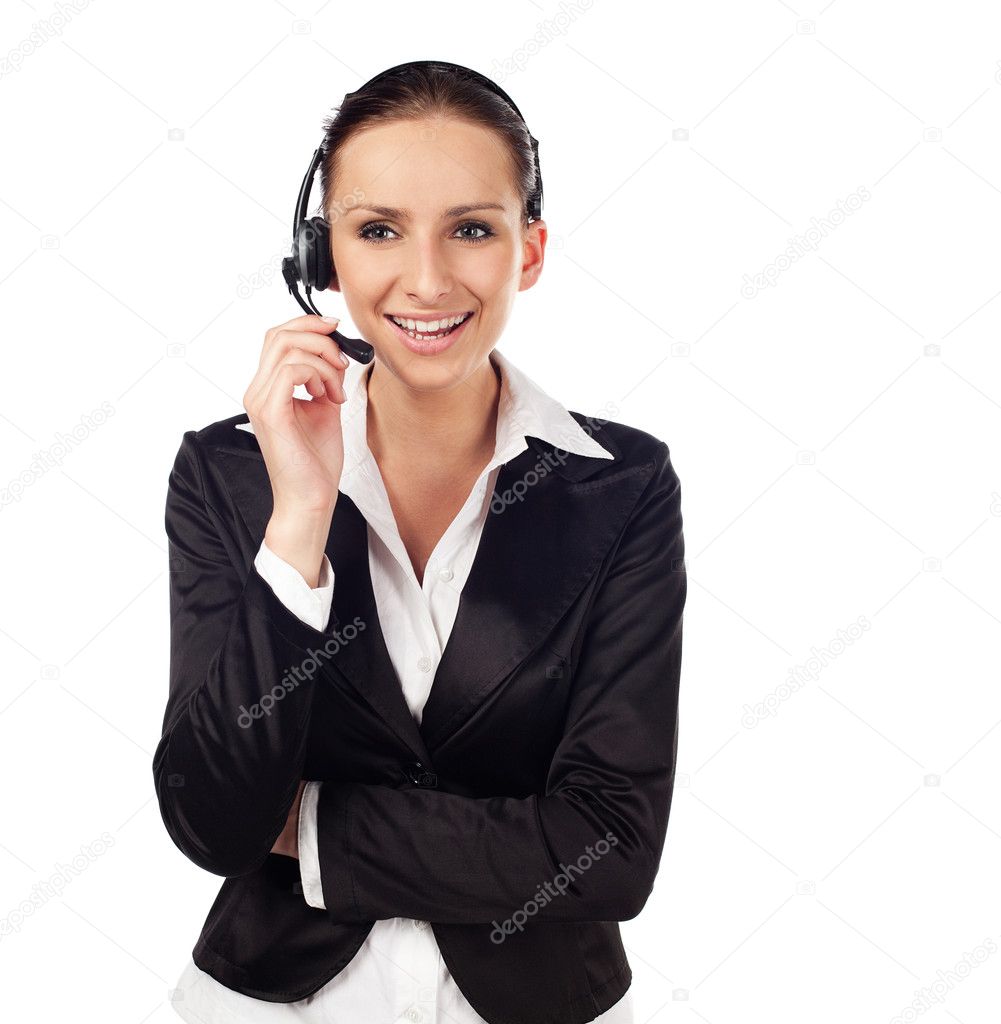 Woman talking by phone as customer service