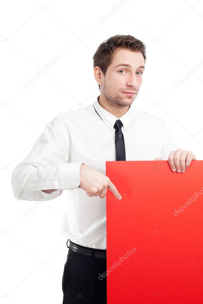 Young Businessman with red blank sign
