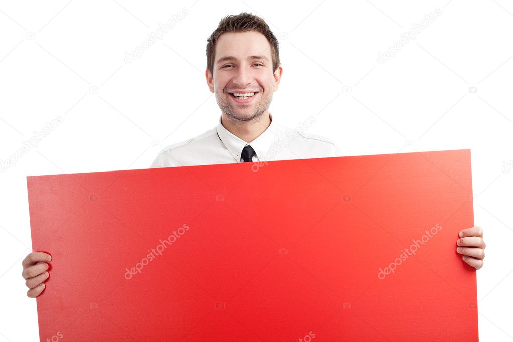 Young Businessman with red blank sign smiling