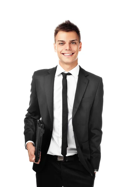 Junger Geschäftsmann mit Laptop, der lächelt. isoliert — Stockfoto