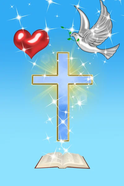 Ilustração de uma cruz com uma pomba e a Bíblia — Fotografia de Stock