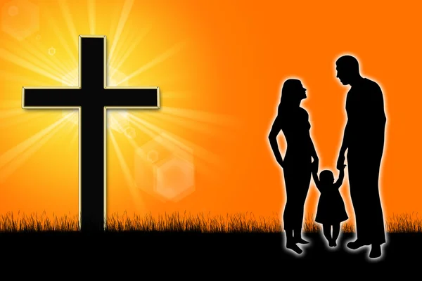 Silhouette einer Familie mit Kreuz — Stockfoto