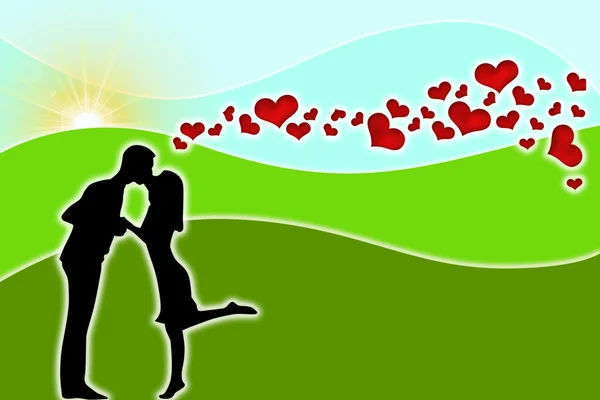 Silhouette von Paaren mit Herzen — Stockfoto