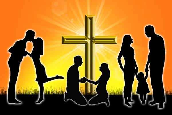Silhouette einer Familie mit Kreuz — Stockfoto