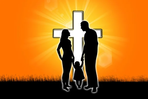 Silhueta de uma família com uma cruz — Fotografia de Stock