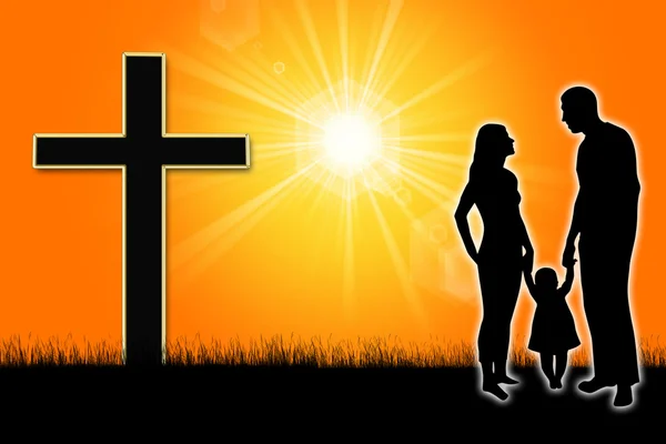 Silhouette d'une famille avec une croix — Photo